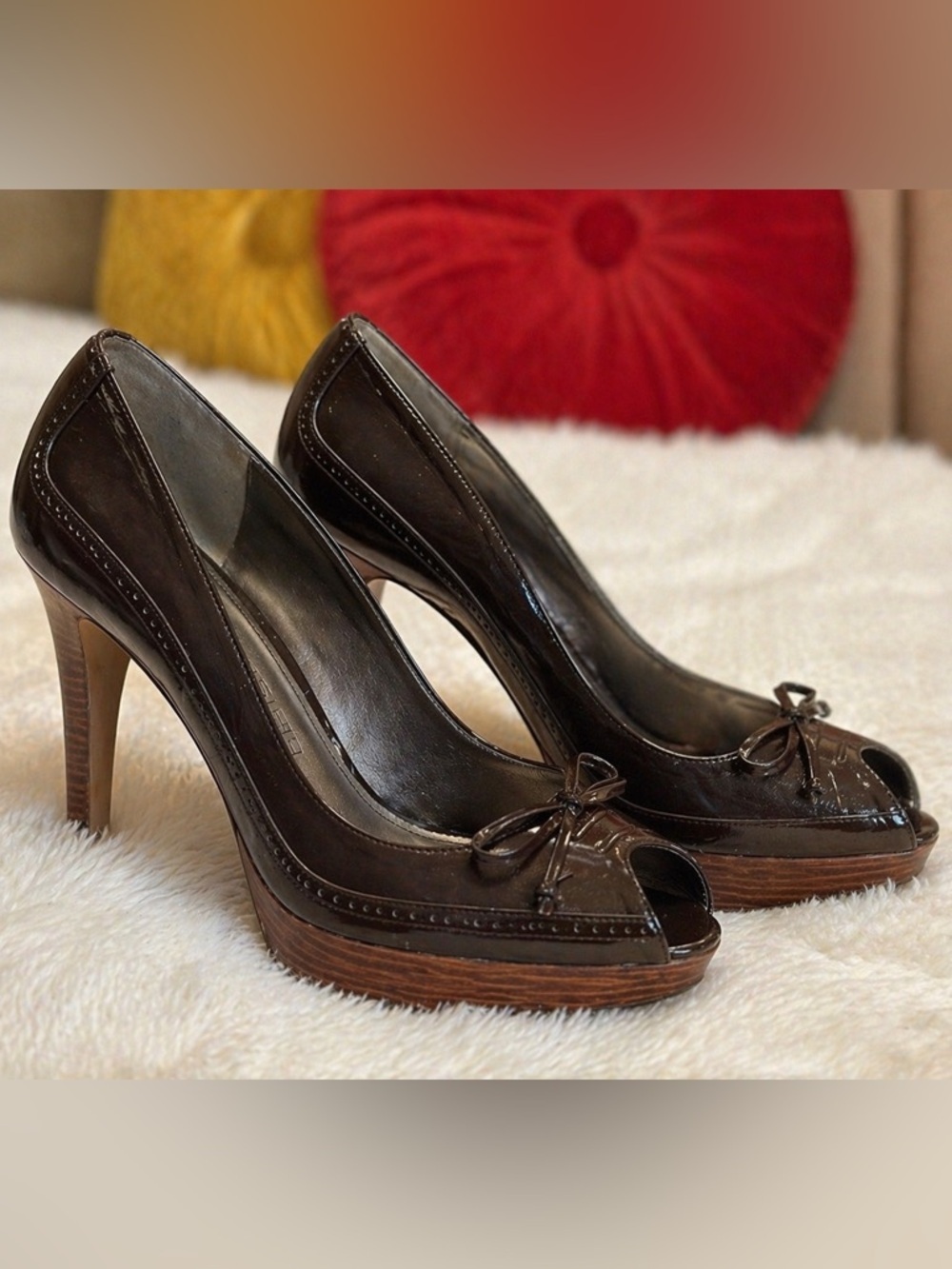 Marc Fisher Brown Leather Peep Toe Platform Heels Size 8 Classic Work Pumps